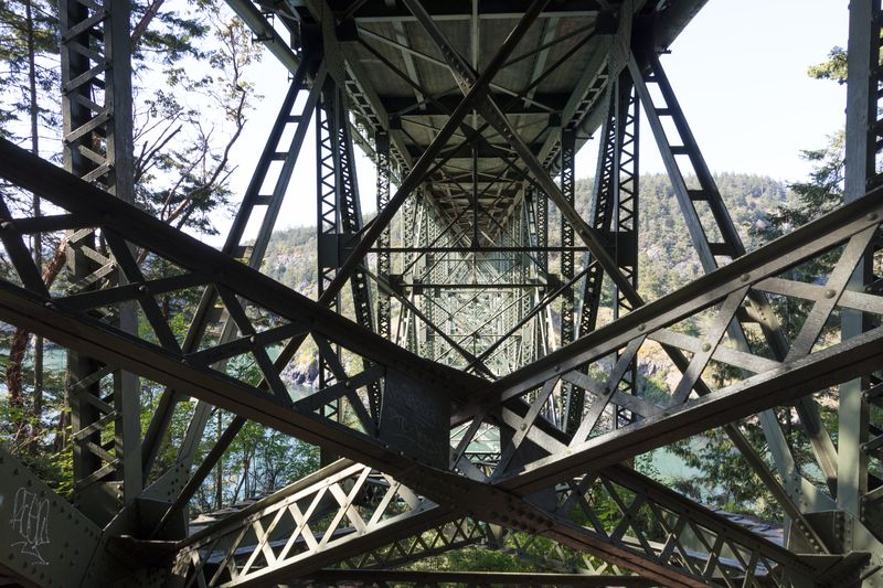 Looking up through the steel trusses under the Deception Pass Bridge, with forest on both shores